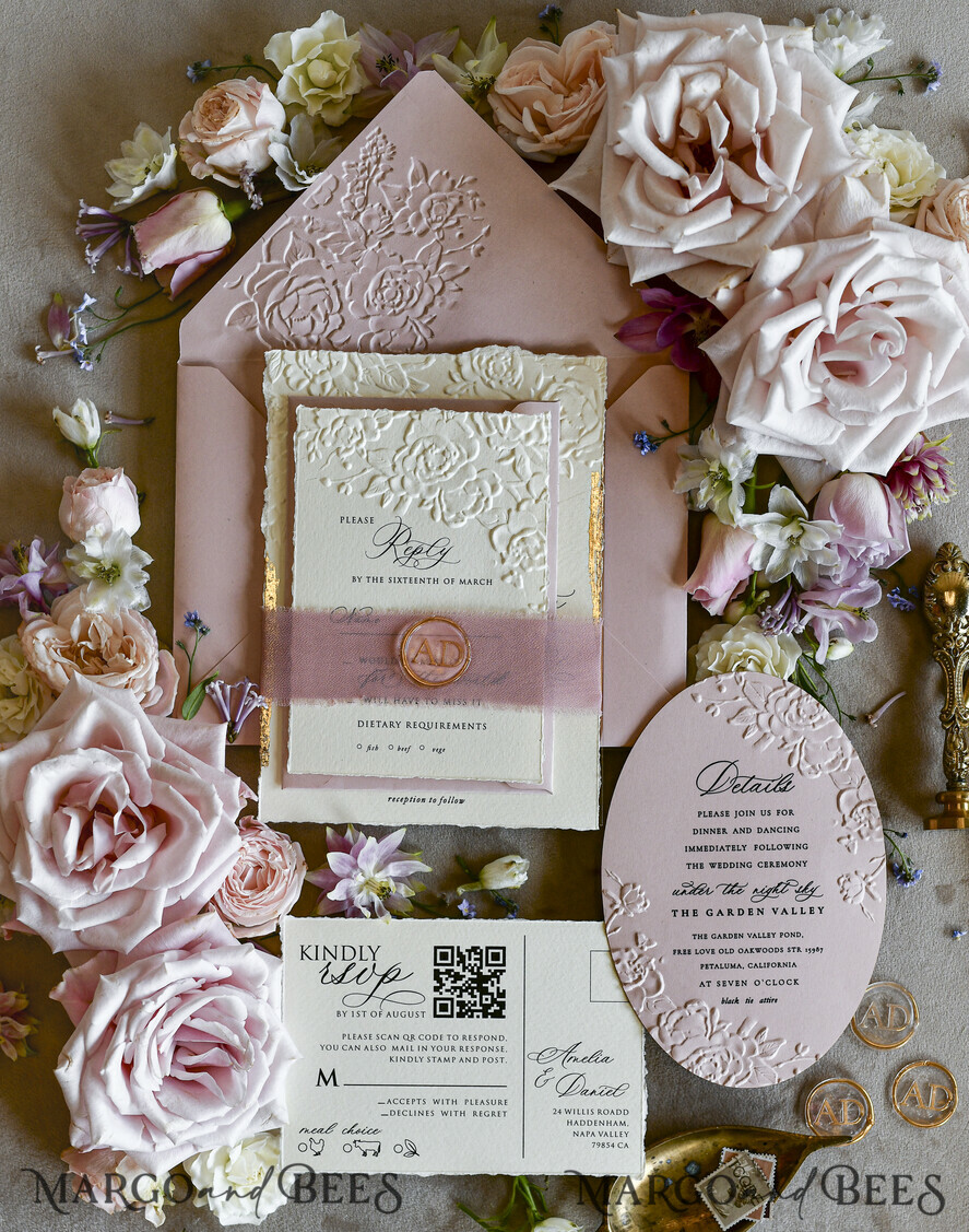 WEDDING INVITATIONS embossed invites Blush Pink Wedding Invitations – Embossed Floral Invitations with Chiffon Ribbon, Deckled Edges, Wax Seal