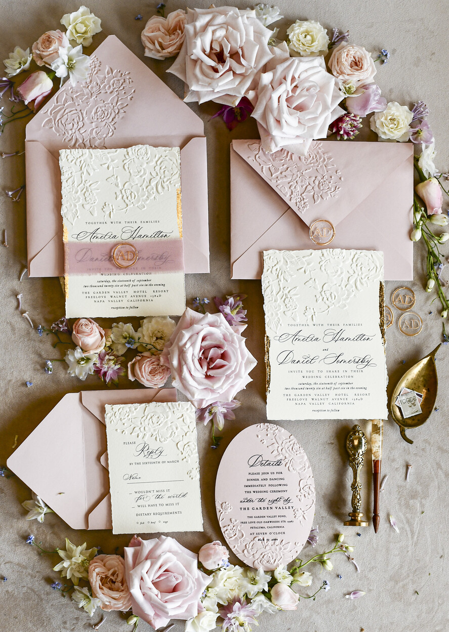 WEDDING INVITATIONS embossed invites Blush Pink Wedding Invitations – Embossed Floral Invitations with Chiffon Ribbon, Deckled Edges, Wax Seal