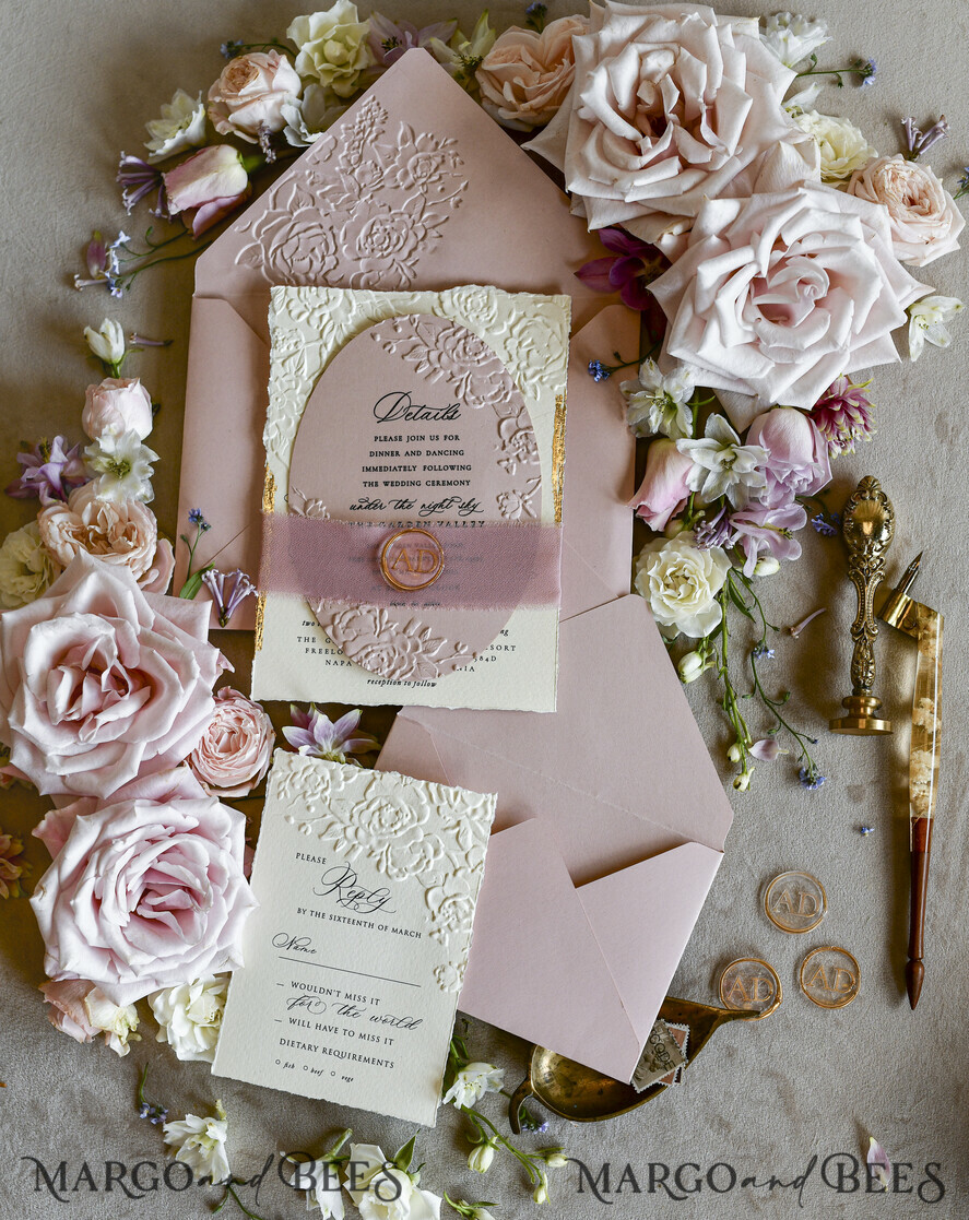 WEDDING INVITATIONS embossed invites Blush Pink Wedding Invitations – Embossed Floral Invitations with Chiffon Ribbon, Deckled Edges, Wax Seal