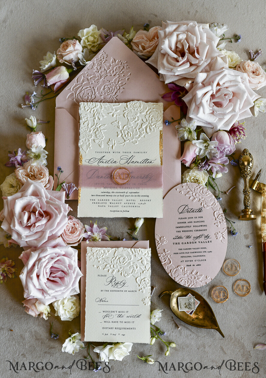 WEDDING INVITATIONS embossed invites Blush Pink Wedding Invitations – Embossed Floral Invitations with Chiffon Ribbon, Deckled Edges, Wax Seal
