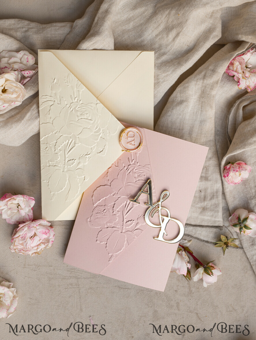 WEDDING INVITATIONS embossed invites Folder Embossed Ivory Gold Wedding Invitation, Golden deboss Roses Floral Wedding Invitation with mirror Monogram