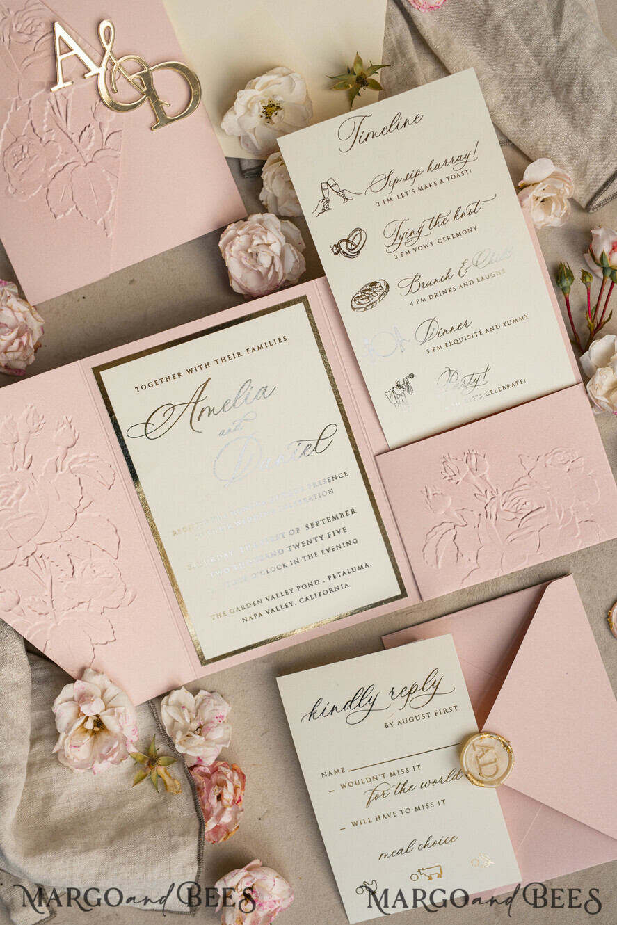 WEDDING INVITATIONS embossed invites Folder Embossed Ivory Gold Wedding Invitation, Golden deboss Roses Floral Wedding Invitation with mirror Monogram