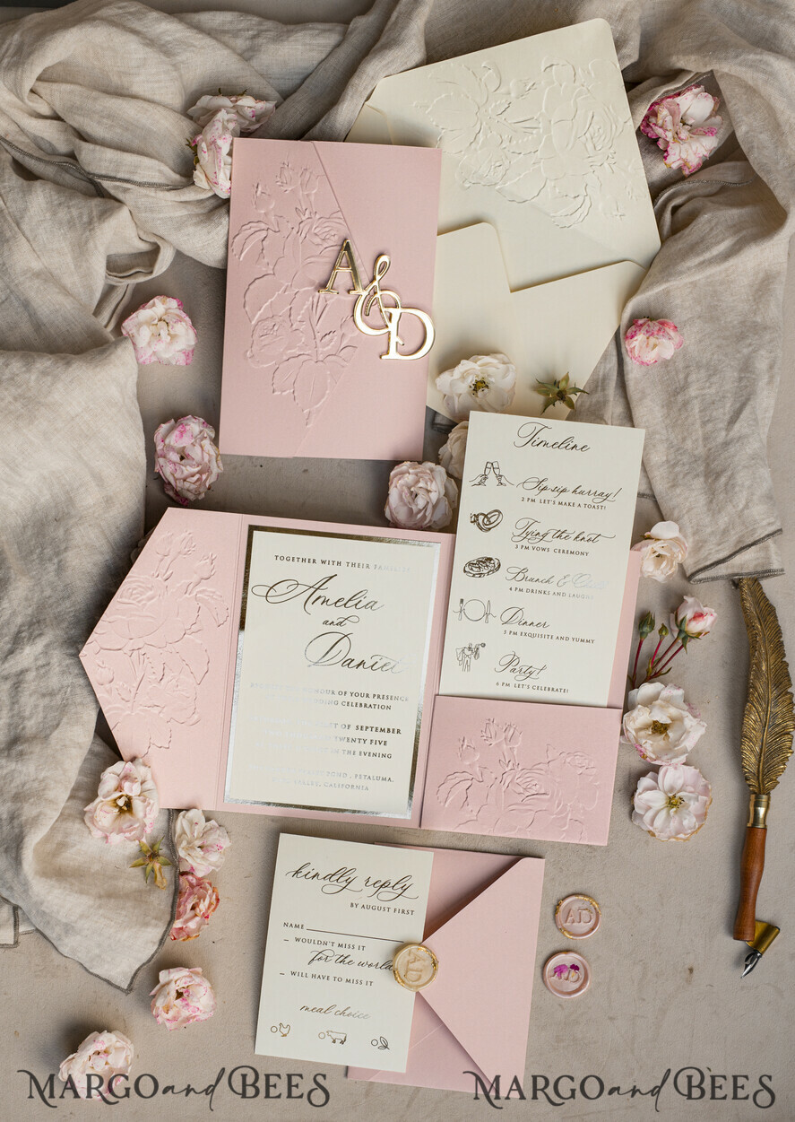 WEDDING INVITATIONS embossed invites Folder Embossed Ivory Gold Wedding Invitation, Golden deboss Roses Floral Wedding Invitation with mirror Monogram