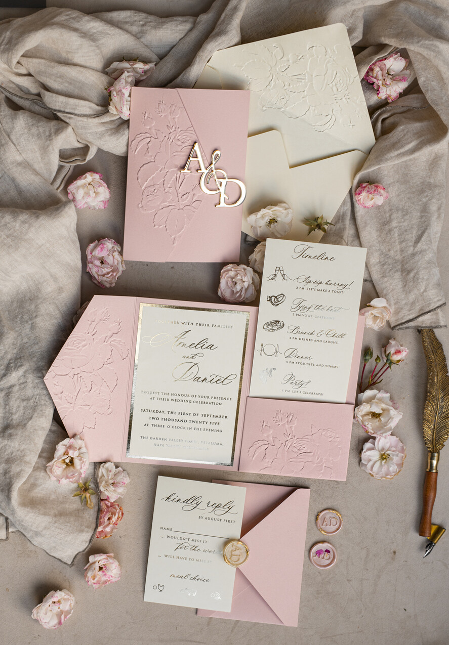 WEDDING INVITATIONS embossed invites Folder Embossed Ivory Gold Wedding Invitation, Golden deboss Roses Floral Wedding Invitation with mirror Monogram