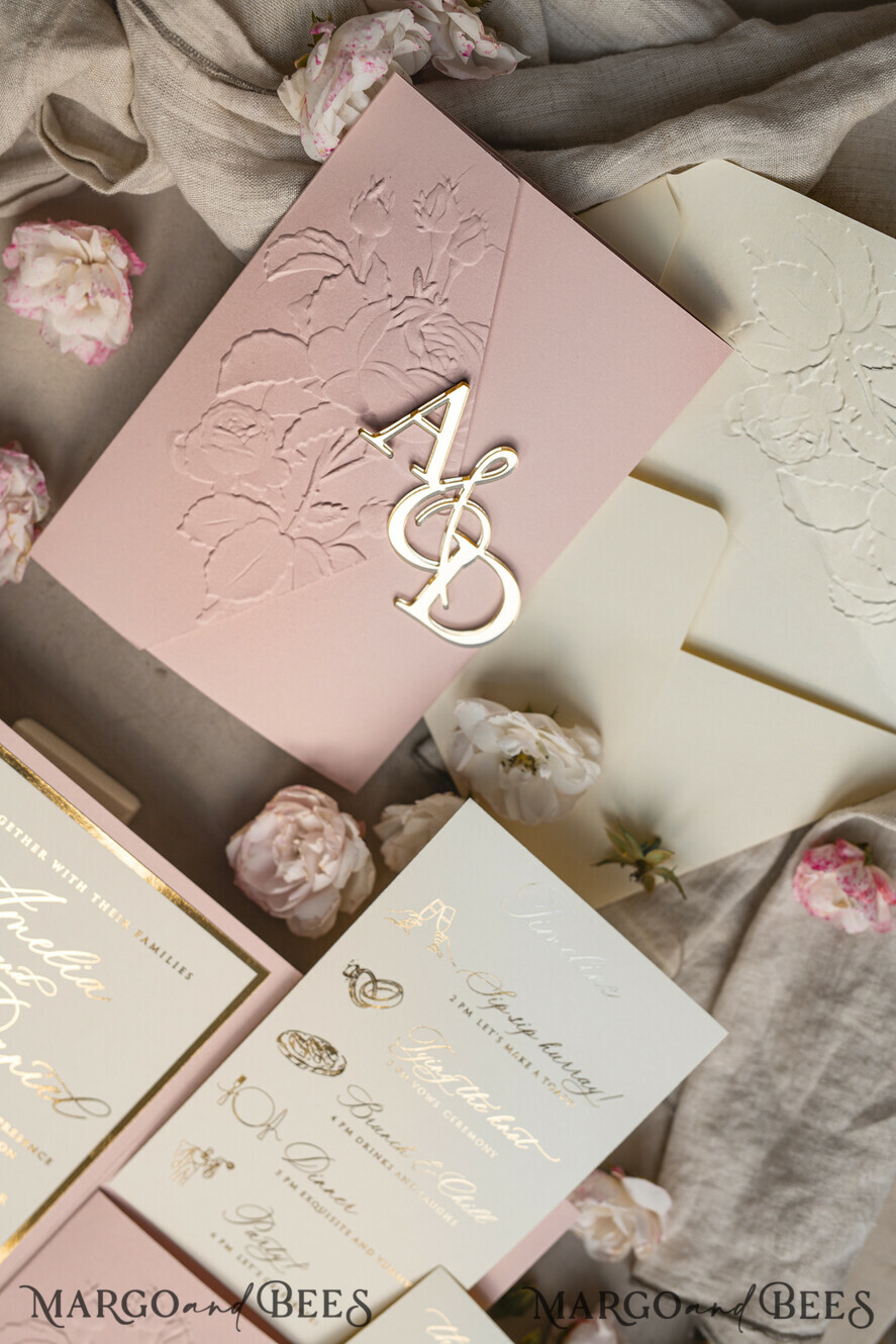 WEDDING INVITATIONS embossed invites Folder Embossed Ivory Gold Wedding Invitation, Golden deboss Roses Floral Wedding Invitation with mirror Monogram