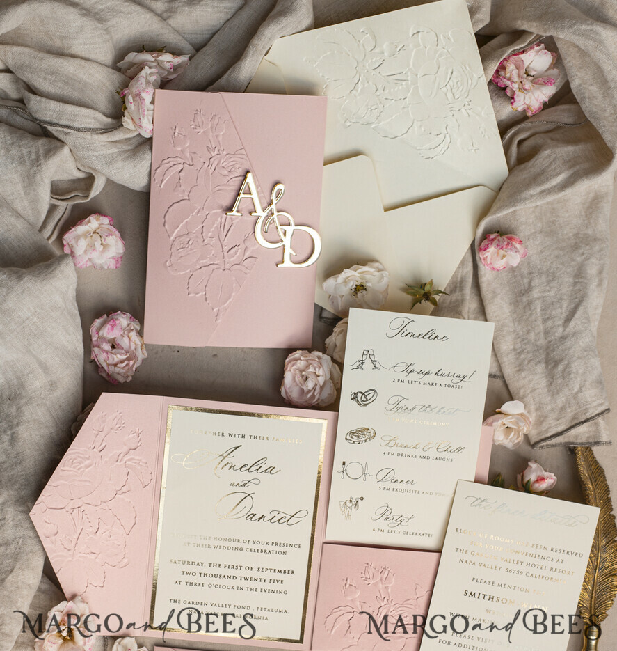 WEDDING INVITATIONS embossed invites Folder Embossed Ivory Gold Wedding Invitation, Golden deboss Roses Floral Wedding Invitation with mirror Monogram