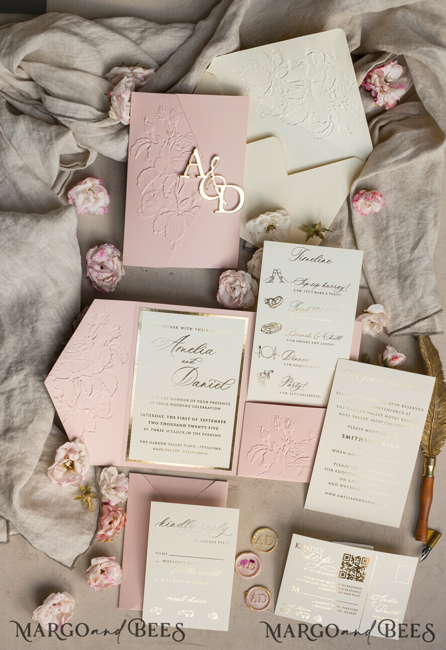 WEDDING INVITATIONS embossed invites Folder Embossed Ivory Gold Wedding Invitation, Golden deboss Roses Floral Wedding Invitation with mirror Monogram