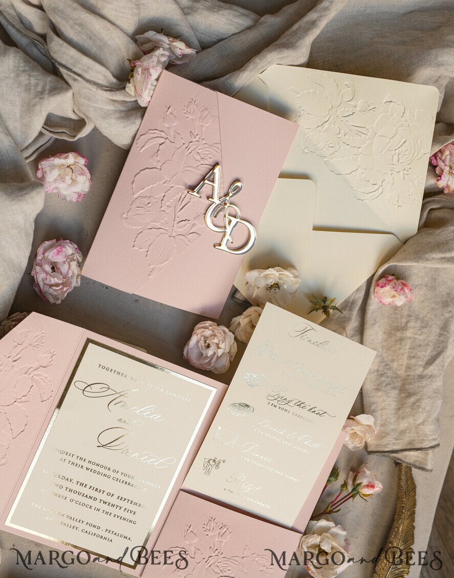 WEDDING INVITATIONS embossed invites Folder Embossed Ivory Gold Wedding Invitation, Golden deboss Roses Floral Wedding Invitation with mirror Monogram