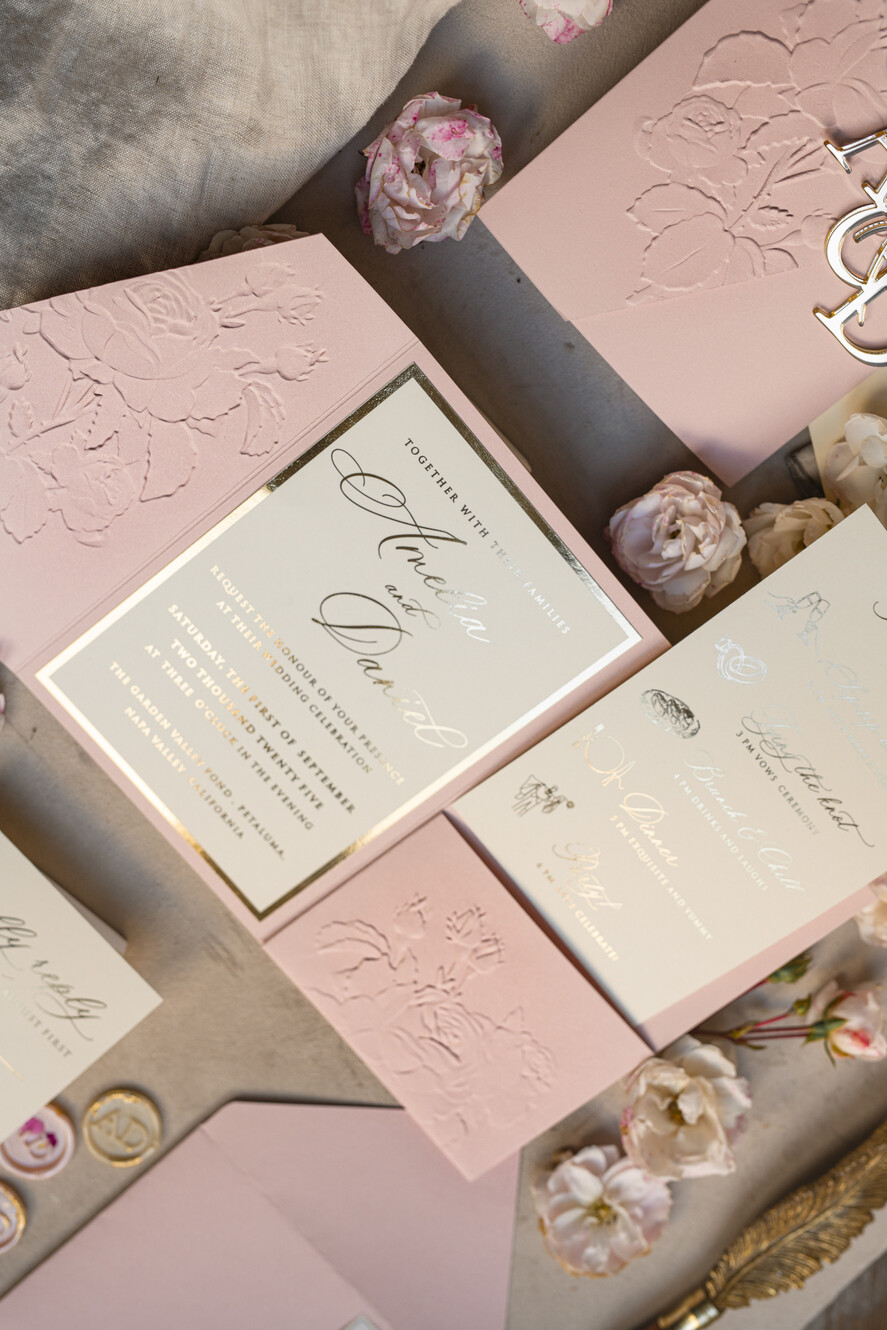 WEDDING INVITATIONS embossed invites Folder Embossed Ivory Gold Wedding Invitation, Golden deboss Roses Floral Wedding Invitation with mirror Monogram