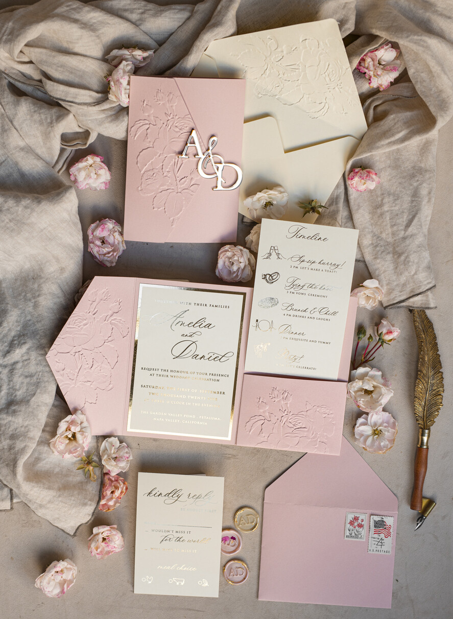 WEDDING INVITATIONS embossed invites Folder Embossed Ivory Gold Wedding Invitation, Golden deboss Roses Floral Wedding Invitation with mirror Monogram