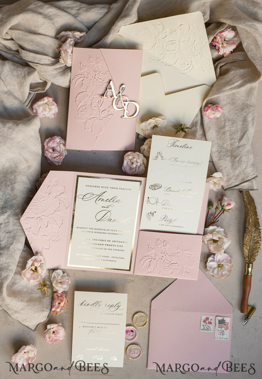 WEDDING INVITATIONS embossed invites Folder Embossed Ivory Gold Wedding Invitation, Golden deboss Roses Floral Wedding Invitation with mirror Monogram