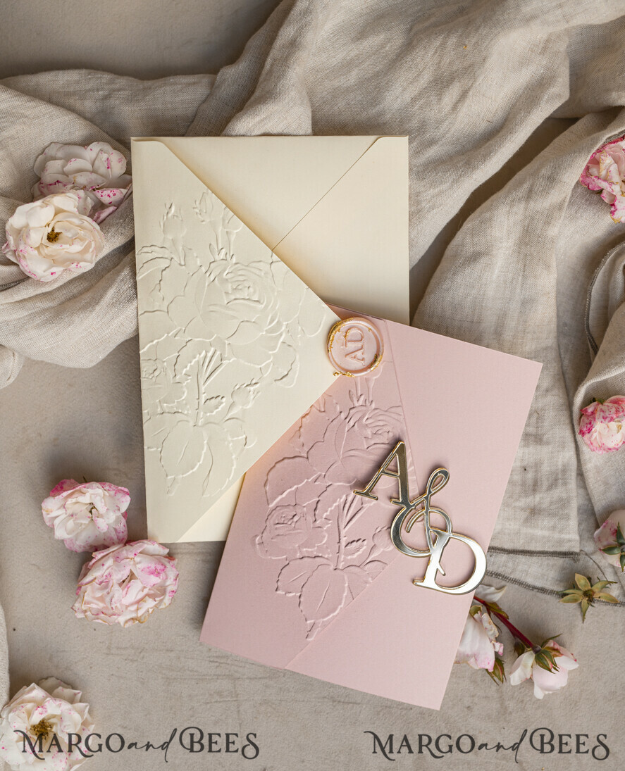 WEDDING INVITATIONS embossed invites Folder Embossed Ivory Gold Wedding Invitation, Golden deboss Roses Floral Wedding Invitation with mirror Monogram
