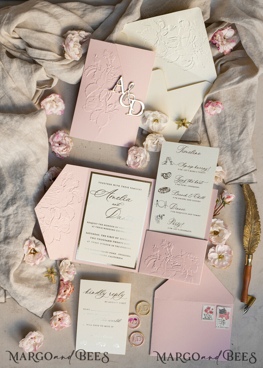 WEDDING INVITATIONS embossed invites Folder Embossed Ivory Gold Wedding Invitation, Golden deboss Roses Floral Wedding Invitation with mirror Monogram