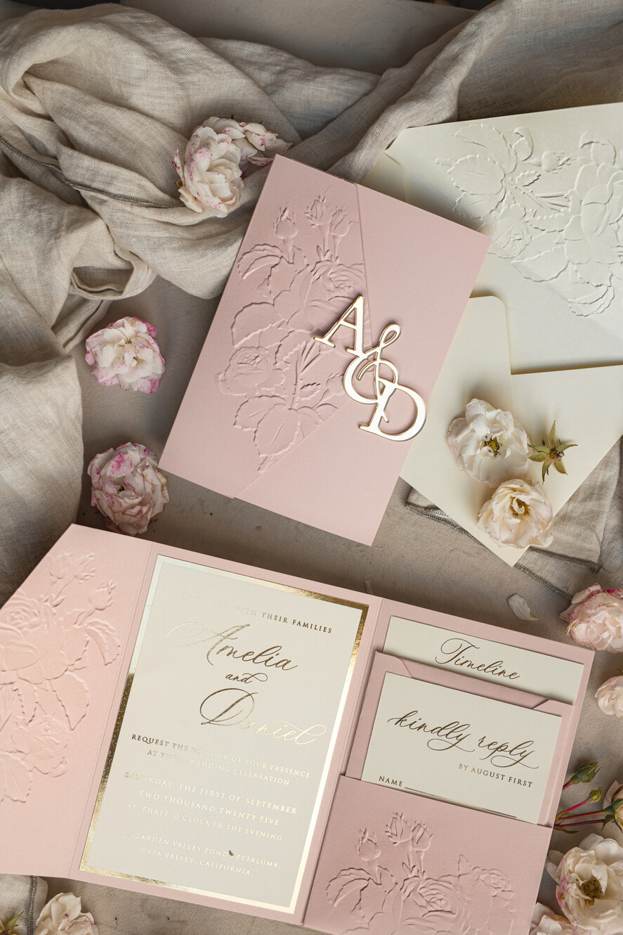 WEDDING INVITATIONS embossed invites Folder Embossed Ivory Gold Wedding Invitation, Golden deboss Roses Floral Wedding Invitation with mirror Monogram