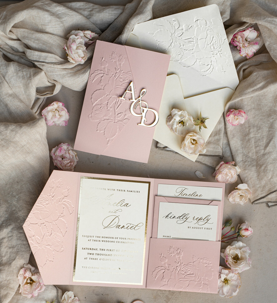 WEDDING INVITATIONS embossed invites Folder Embossed Ivory Gold Wedding Invitation, Golden deboss Roses Floral Wedding Invitation with mirror Monogram