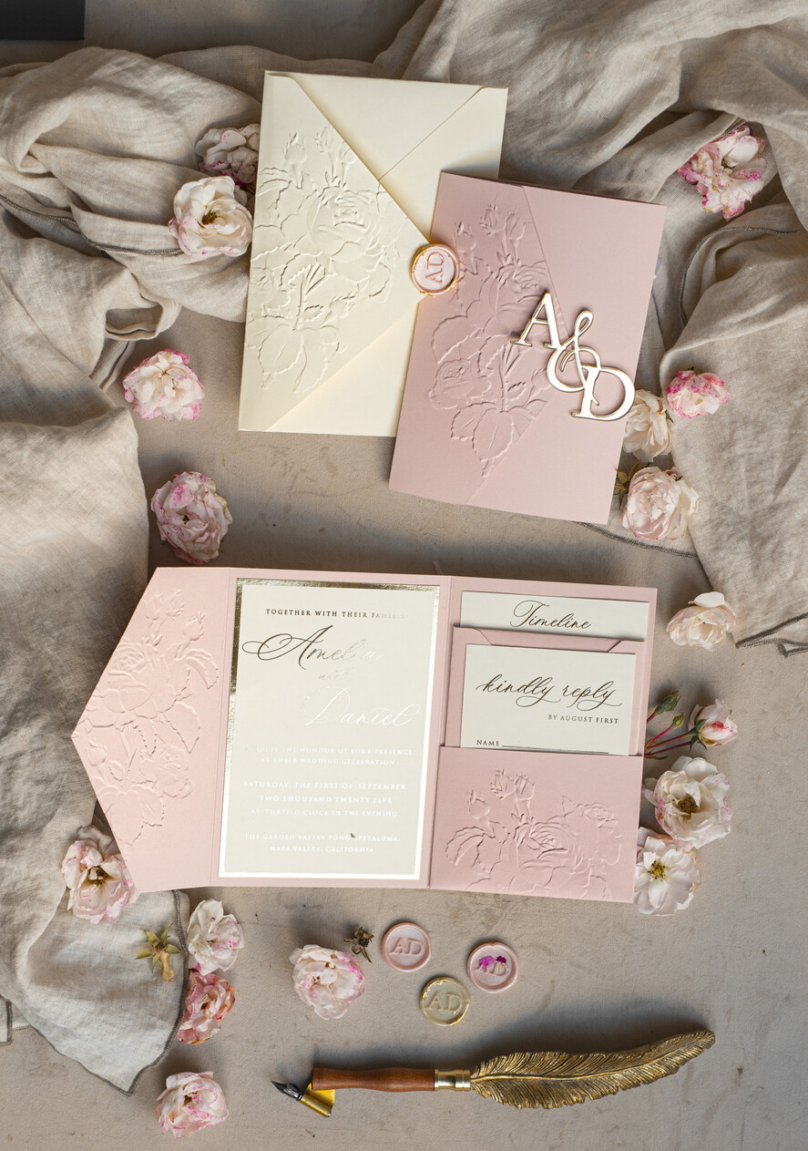 WEDDING INVITATIONS embossed invites Folder Embossed Ivory Gold Wedding Invitation, Golden deboss Roses Floral Wedding Invitation with mirror Monogram
