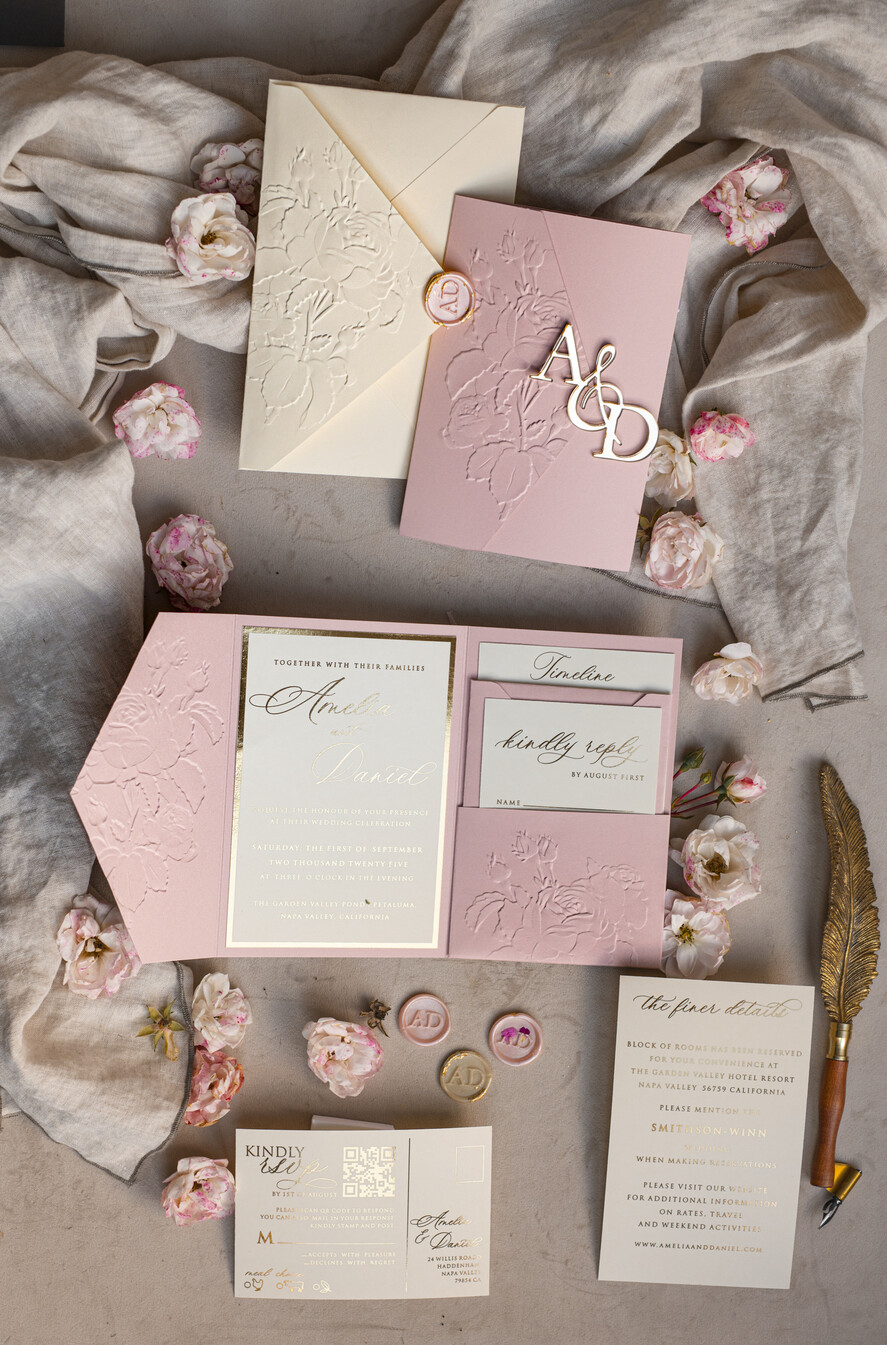 WEDDING INVITATIONS embossed invites Folder Embossed Ivory Gold Wedding Invitation, Golden deboss Roses Floral Wedding Invitation with mirror Monogram