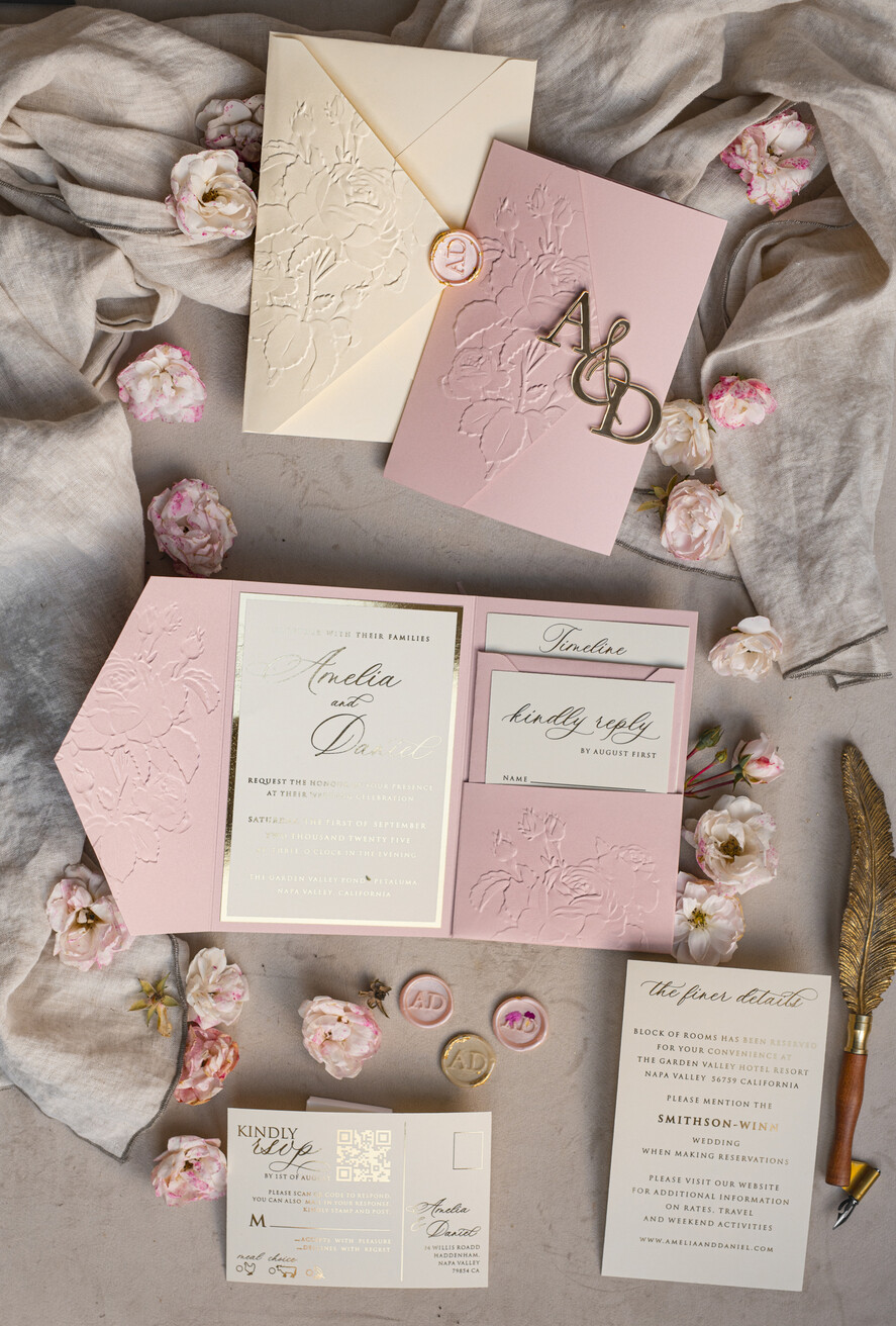 WEDDING INVITATIONS embossed invites Folder Embossed Ivory Gold Wedding Invitation, Golden deboss Roses Floral Wedding Invitation with mirror Monogram