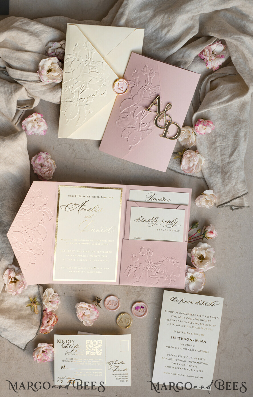 WEDDING INVITATIONS embossed invites Folder Embossed Ivory Gold Wedding Invitation, Golden deboss Roses Floral Wedding Invitation with mirror Monogram