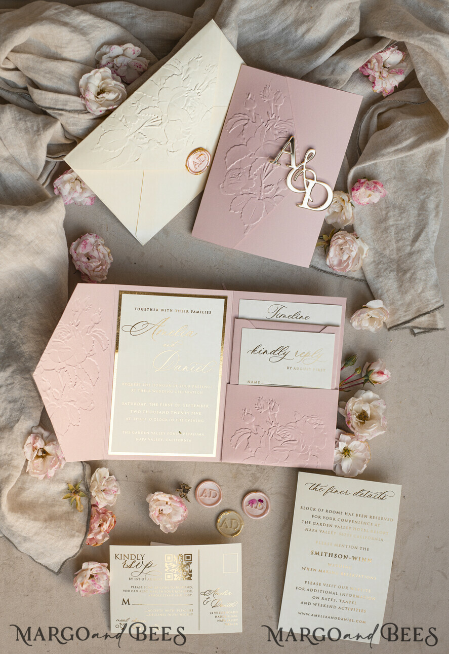 WEDDING INVITATIONS embossed invites Folder Embossed Ivory Gold Wedding Invitation, Golden deboss Roses Floral Wedding Invitation with mirror Monogram