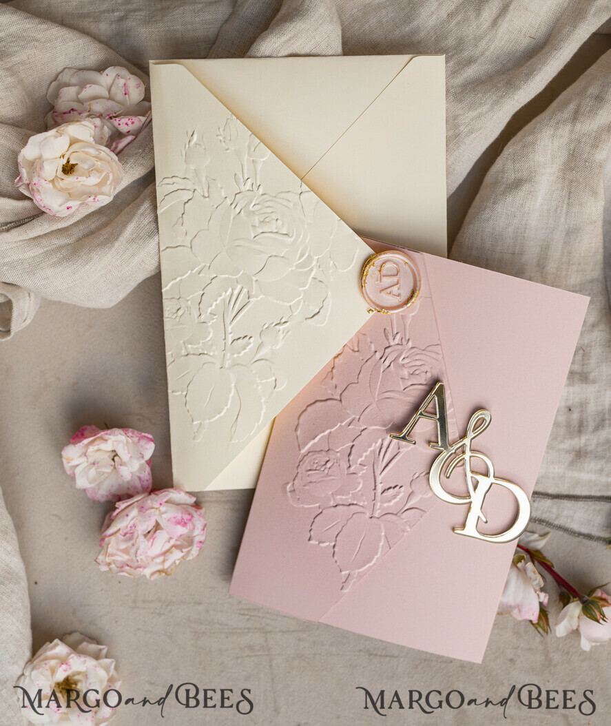 WEDDING INVITATIONS embossed invites Folder Embossed Ivory Gold Wedding Invitation, Golden deboss Roses Floral Wedding Invitation with mirror Monogram