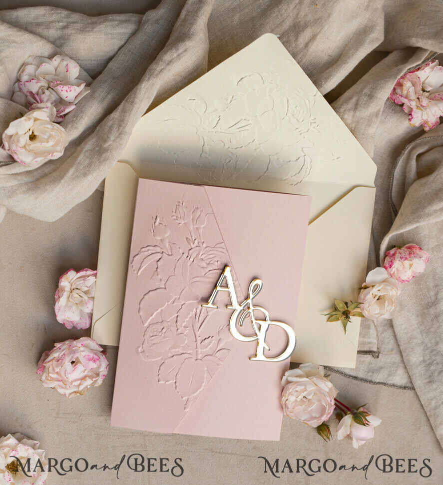 WEDDING INVITATIONS embossed invites Folder Embossed Ivory Gold Wedding Invitation, Golden deboss Roses Floral Wedding Invitation with mirror Monogram