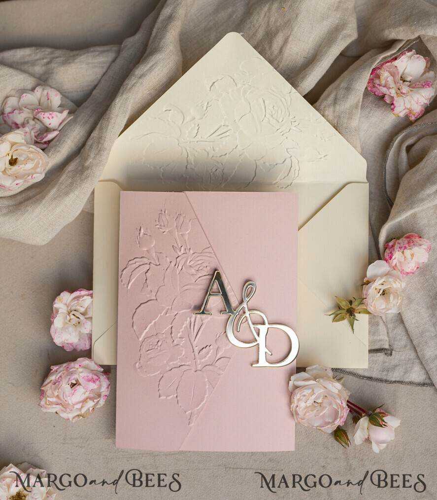 WEDDING INVITATIONS embossed invites Folder Embossed Ivory Gold Wedding Invitation, Golden deboss Roses Floral Wedding Invitation with mirror Monogram
