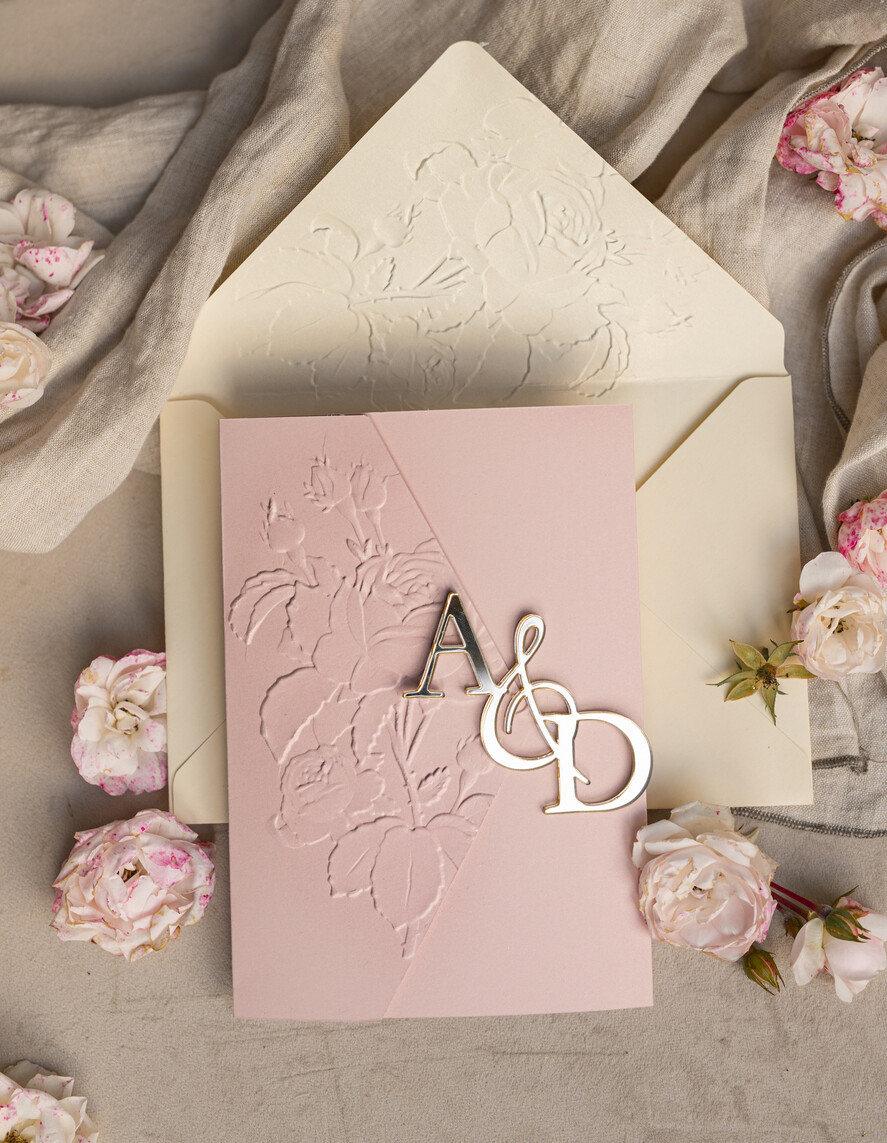 WEDDING INVITATIONS embossed invites Folder Embossed Ivory Gold Wedding Invitation, Golden deboss Roses Floral Wedding Invitation with mirror Monogram