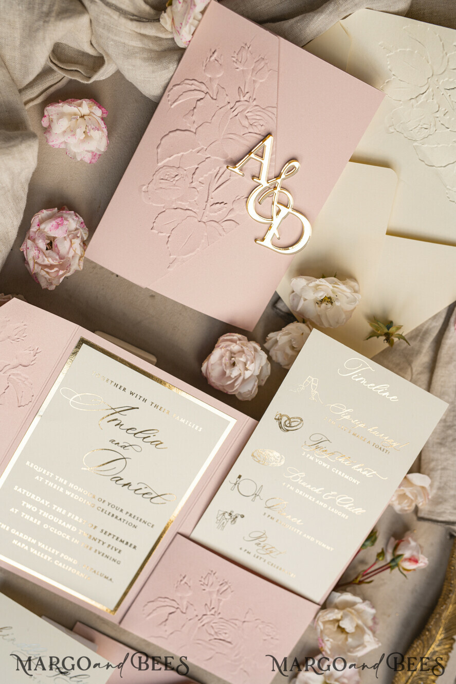 WEDDING INVITATIONS embossed invites Folder Embossed Ivory Gold Wedding Invitation, Golden deboss Roses Floral Wedding Invitation with mirror Monogram