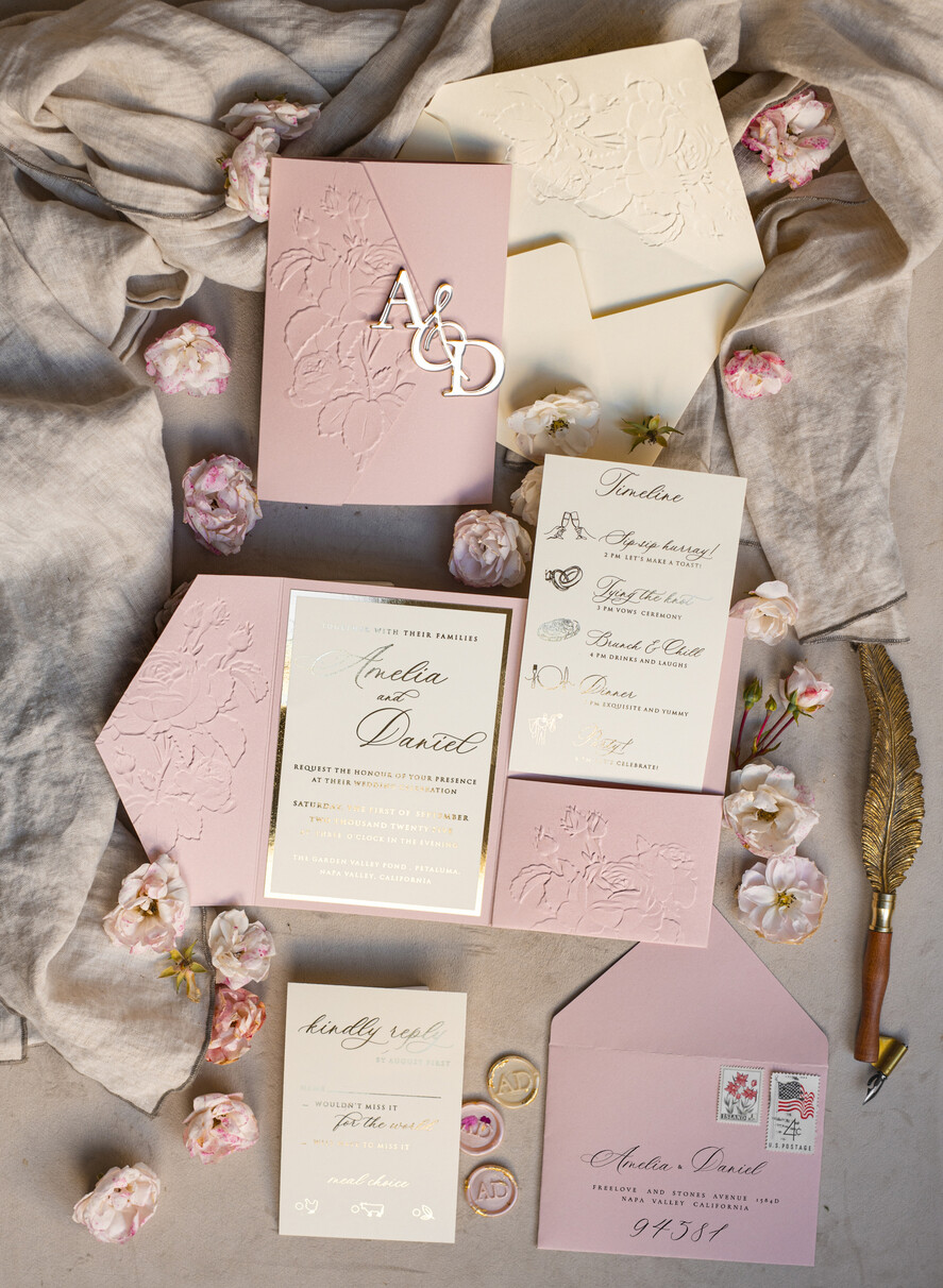 WEDDING INVITATIONS embossed invites Folder Embossed Ivory Gold Wedding Invitation, Golden deboss Roses Floral Wedding Invitation with mirror Monogram