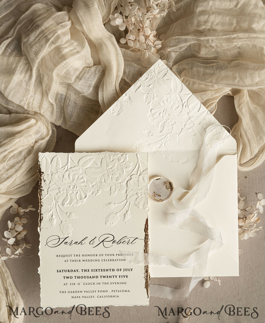 WEDDING INVITATIONS embossed invites  Fine Art Embossed  Blind Ivory Gold Wedding Invitation, Golden deboss Roses Floral Wedding Invitation, Boho Ecru Debossed Invitation suite,  Cotton paper wedding invitation suite, Deckled Edge Invites, Torn Edge Wedding Invitations golden