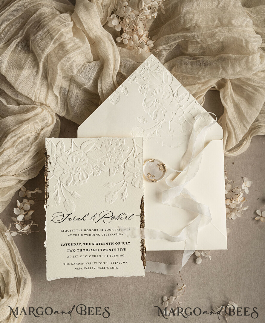 WEDDING INVITATIONS embossed invites  Fine Art Embossed  Blind Ivory Gold Wedding Invitation, Golden deboss Roses Floral Wedding Invitation, Boho Ecru Debossed Invitation suite,  Cotton paper wedding invitation suite, Deckled Edge Invites, Torn Edge Wedding Invitations golden