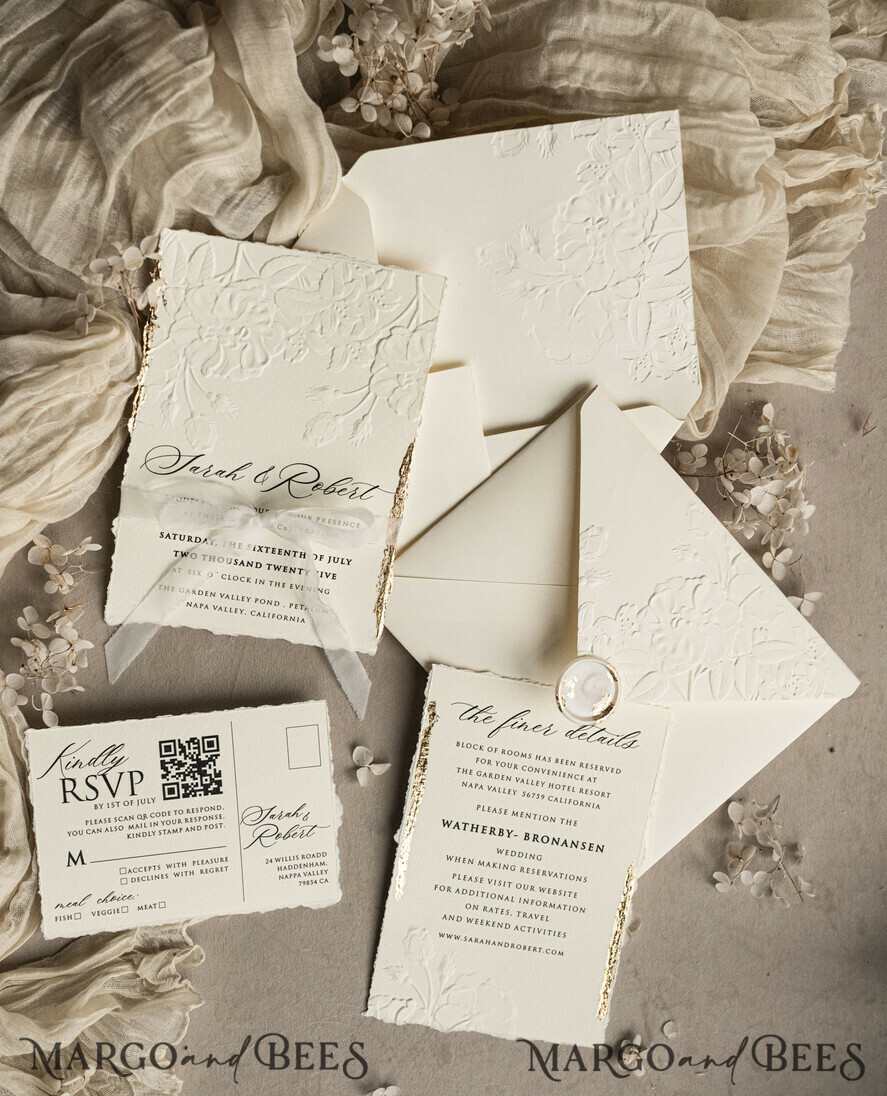 WEDDING INVITATIONS embossed invites  Fine Art Embossed  Blind Ivory Gold Wedding Invitation, Golden deboss Roses Floral Wedding Invitation, Boho Ecru Debossed Invitation suite,  Cotton paper wedding invitation suite, Deckled Edge Invites, Torn Edge Wedding Invitations golden
