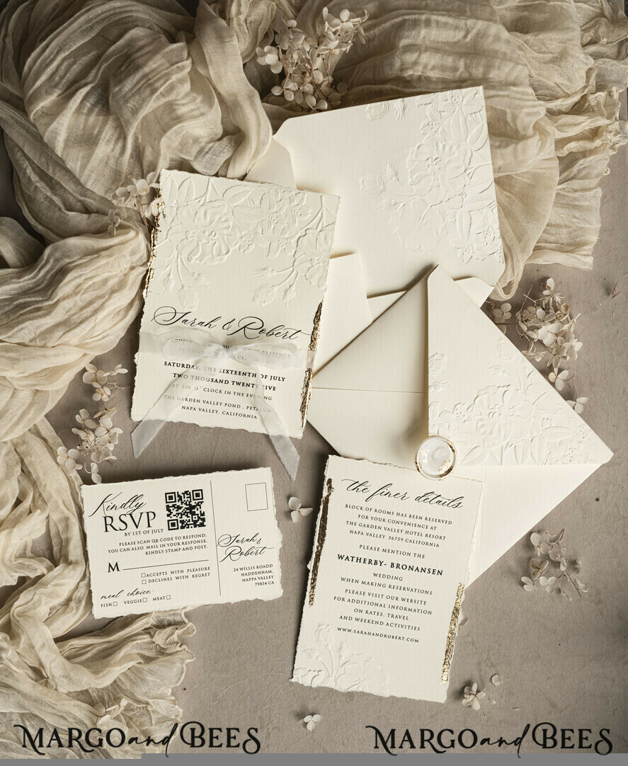 WEDDING INVITATIONS embossed invites  Fine Art Embossed  Blind Ivory Gold Wedding Invitation, Golden deboss Roses Floral Wedding Invitation, Boho Ecru Debossed Invitation suite,  Cotton paper wedding invitation suite, Deckled Edge Invites, Torn Edge Wedding Invitations golden