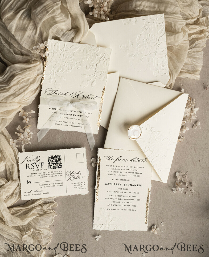 WEDDING INVITATIONS embossed invites  Fine Art Embossed  Blind Ivory Gold Wedding Invitation, Golden deboss Roses Floral Wedding Invitation, Boho Ecru Debossed Invitation suite,  Cotton paper wedding invitation suite, Deckled Edge Invites, Torn Edge Wedding Invitations golden