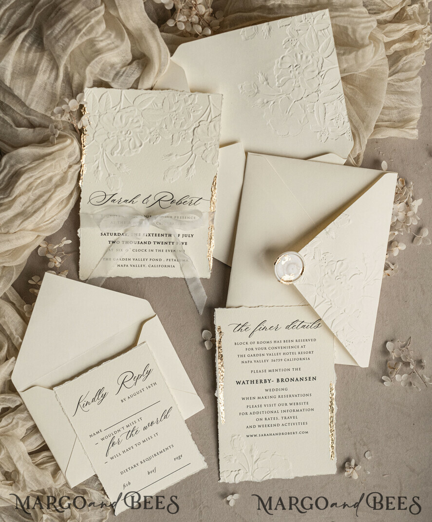 WEDDING INVITATIONS embossed invites  Fine Art Embossed  Blind Ivory Gold Wedding Invitation, Golden deboss Roses Floral Wedding Invitation, Boho Ecru Debossed Invitation suite,  Cotton paper wedding invitation suite, Deckled Edge Invites, Torn Edge Wedding Invitations golden