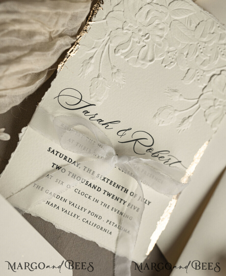 WEDDING INVITATIONS embossed invites  Fine Art Embossed  Blind Ivory Gold Wedding Invitation, Golden deboss Roses Floral Wedding Invitation, Boho Ecru Debossed Invitation suite,  Cotton paper wedding invitation suite, Deckled Edge Invites, Torn Edge Wedding Invitations golden