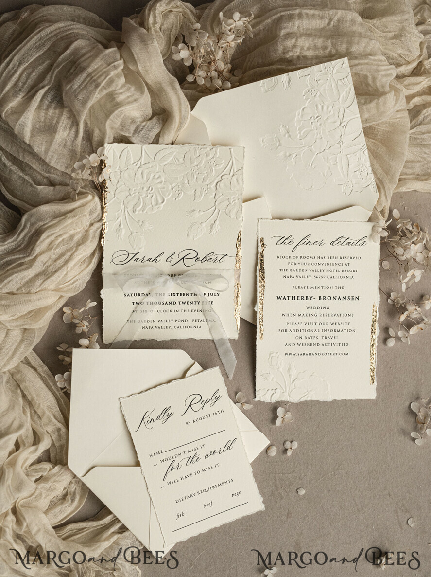 WEDDING INVITATIONS embossed invites  Fine Art Embossed  Blind Ivory Gold Wedding Invitation, Golden deboss Roses Floral Wedding Invitation, Boho Ecru Debossed Invitation suite,  Cotton paper wedding invitation suite, Deckled Edge Invites, Torn Edge Wedding Invitations golden
