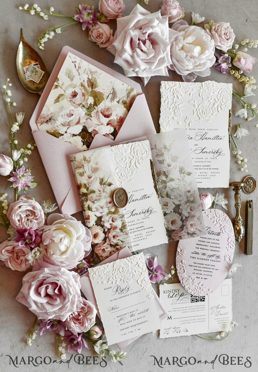 HOCHZEITS EINLADUNGEN geprägte Einladungen Rosafarbene Blumeneinladungen zur Hochzeit – Feine Kunsteinladungen mit Präge-Details, Blumeneinlagen für Umschläge