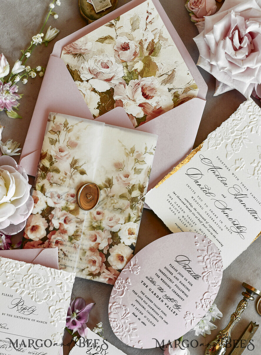 HOCHZEITS EINLADUNGEN geprägte Einladungen Rosafarbene Blumeneinladungen zur Hochzeit – Feine Kunsteinladungen mit Präge-Details, Blumeneinlagen für Umschläge