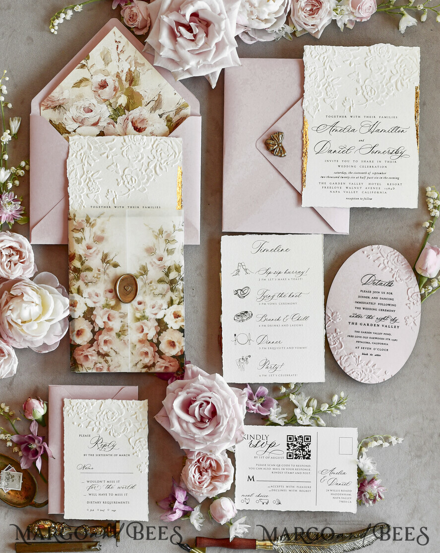 HOCHZEITS EINLADUNGEN geprägte Einladungen Rosafarbene Blumeneinladungen zur Hochzeit – Feine Kunsteinladungen mit Präge-Details, Blumeneinlagen für Umschläge