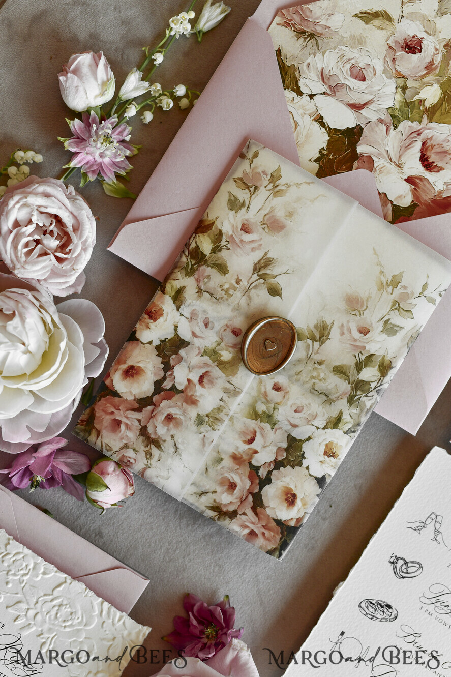 HOCHZEITS EINLADUNGEN geprägte Einladungen Rosafarbene Blumeneinladungen zur Hochzeit – Feine Kunsteinladungen mit Präge-Details, Blumeneinlagen für Umschläge