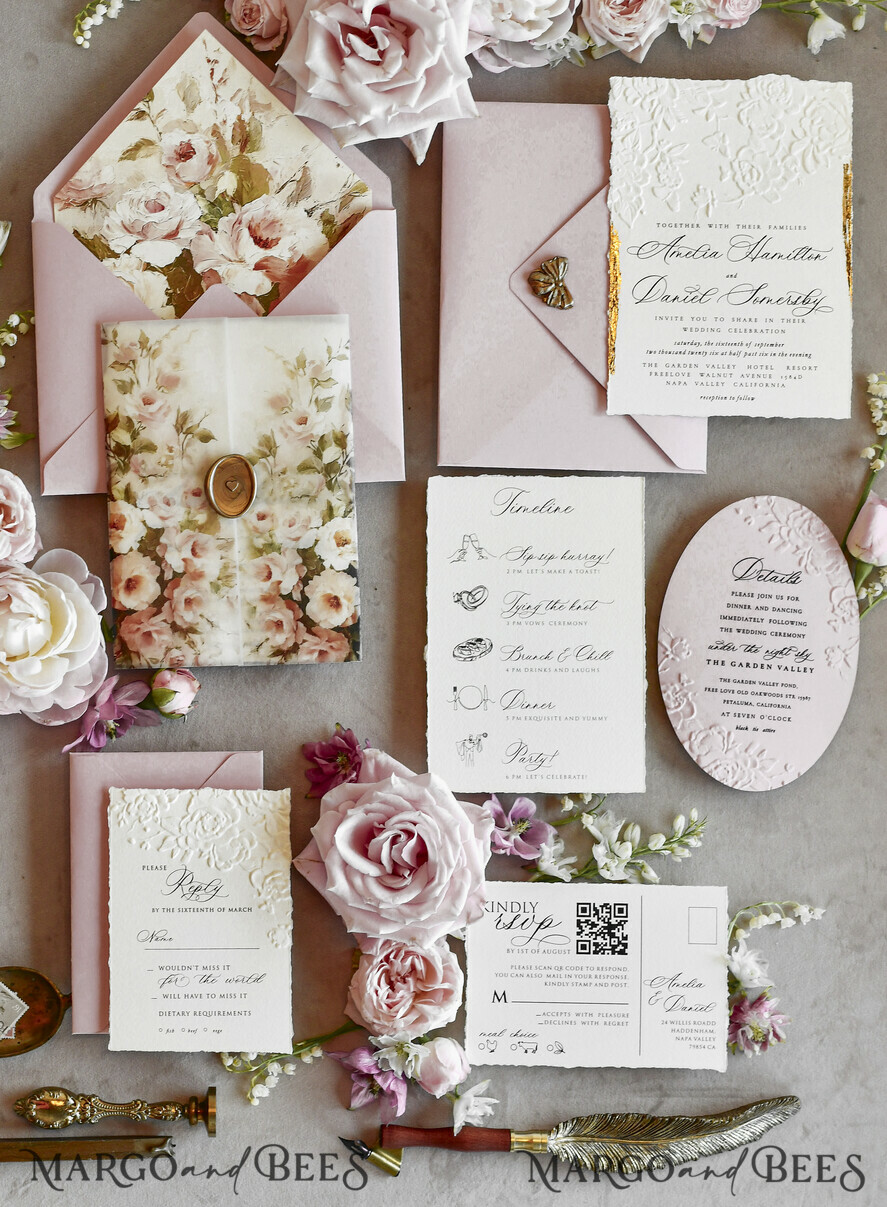 HOCHZEITS EINLADUNGEN geprägte Einladungen Rosafarbene Blumeneinladungen zur Hochzeit – Feine Kunsteinladungen mit Präge-Details, Blumeneinlagen für Umschläge