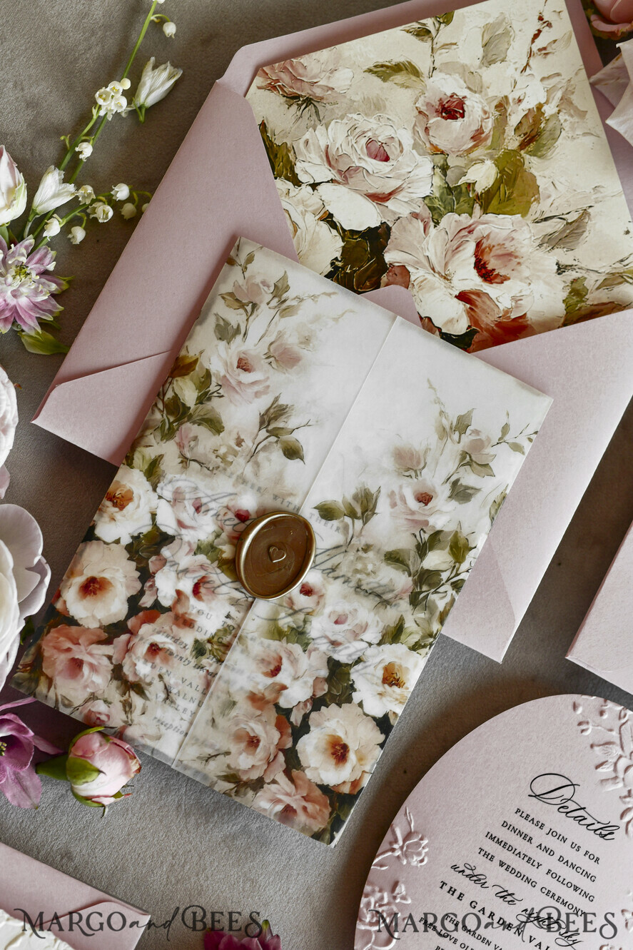 HOCHZEITS EINLADUNGEN geprägte Einladungen Rosafarbene Blumeneinladungen zur Hochzeit – Feine Kunsteinladungen mit Präge-Details, Blumeneinlagen für Umschläge