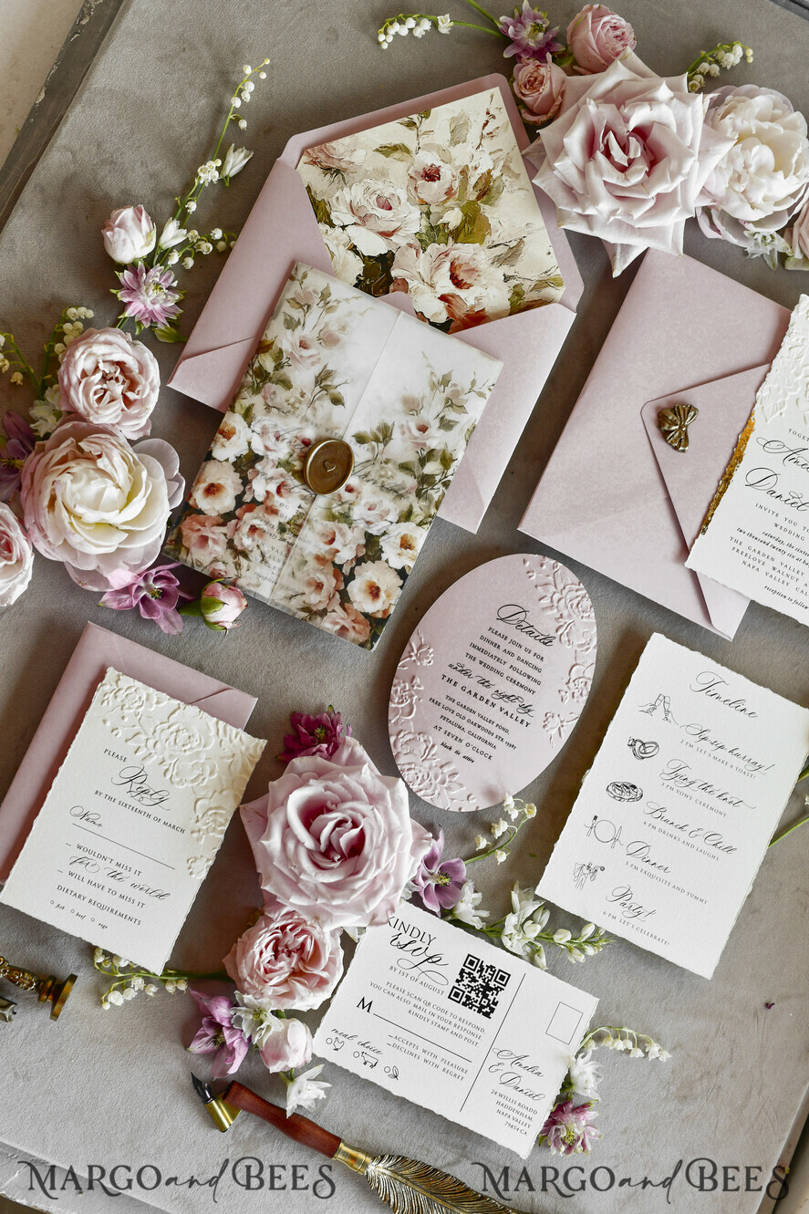 HOCHZEITS EINLADUNGEN geprägte Einladungen Rosafarbene Blumeneinladungen zur Hochzeit – Feine Kunsteinladungen mit Präge-Details, Blumeneinlagen für Umschläge