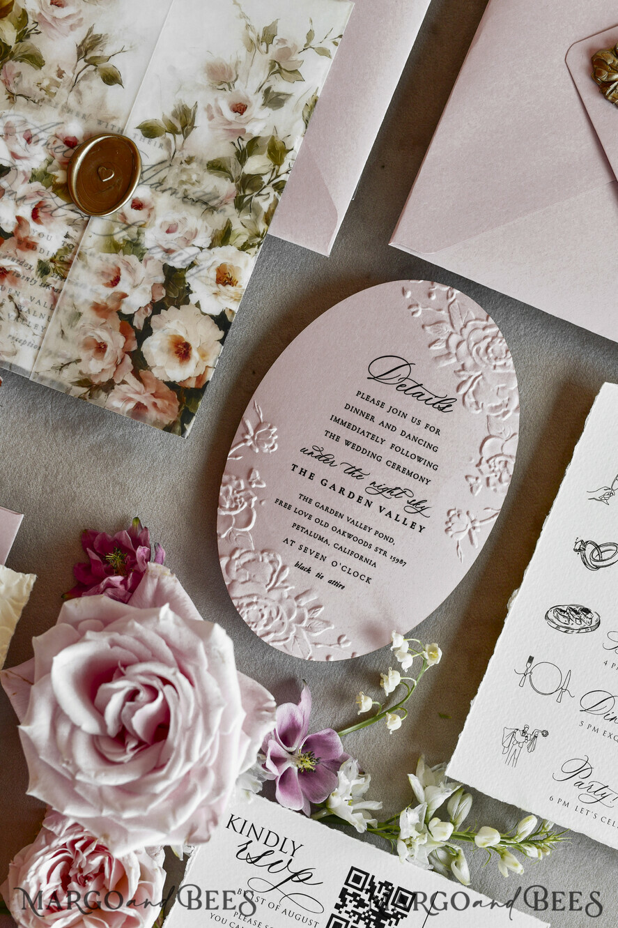 HOCHZEITS EINLADUNGEN geprägte Einladungen Rosafarbene Blumeneinladungen zur Hochzeit – Feine Kunsteinladungen mit Präge-Details, Blumeneinlagen für Umschläge