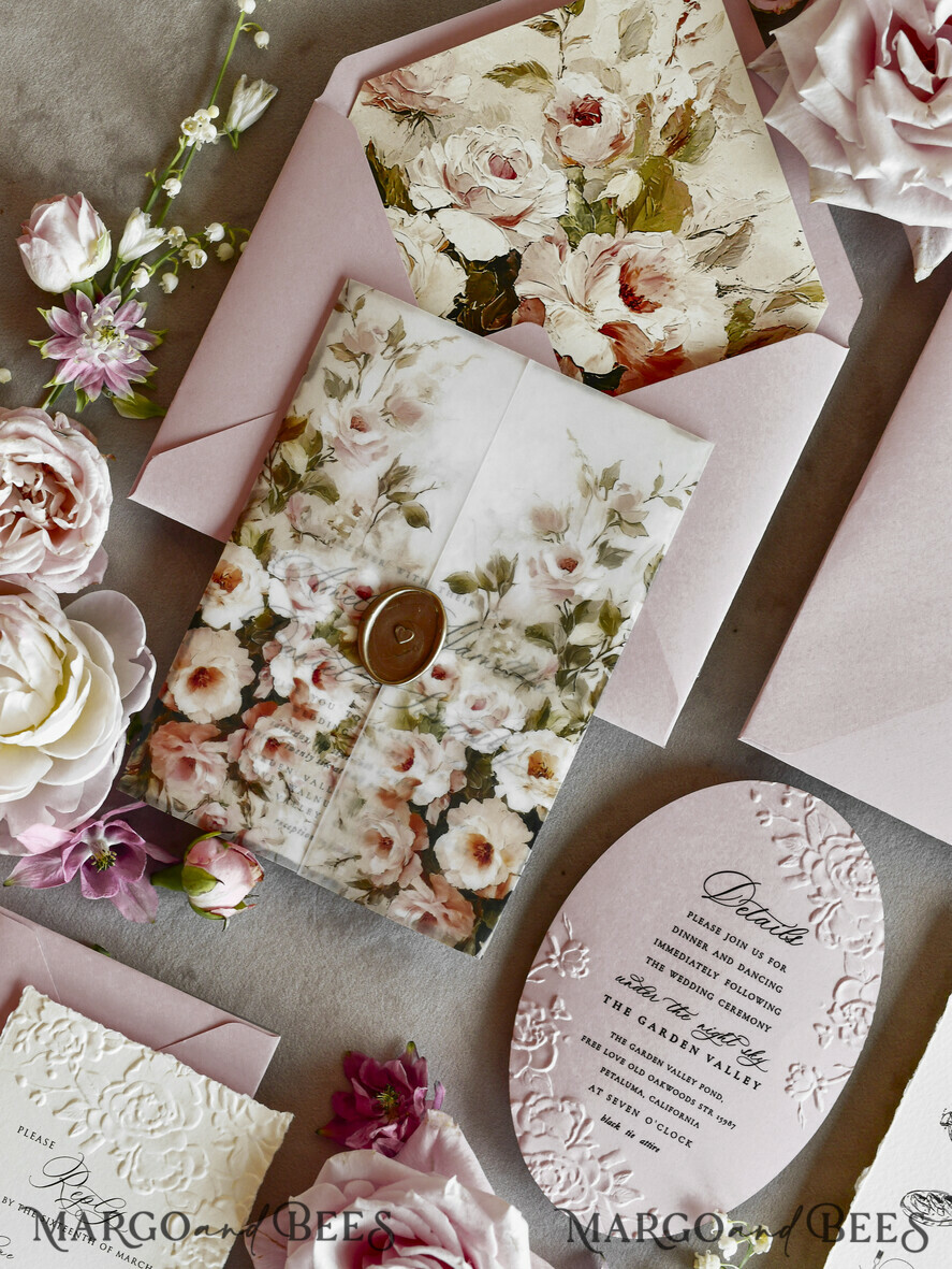 HOCHZEITS EINLADUNGEN geprägte Einladungen Rosafarbene Blumeneinladungen zur Hochzeit – Feine Kunsteinladungen mit Präge-Details, Blumeneinlagen für Umschläge