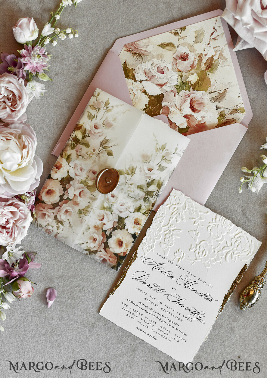 HOCHZEITS EINLADUNGEN geprägte Einladungen Rosafarbene Blumeneinladungen zur Hochzeit – Feine Kunsteinladungen mit Präge-Details, Blumeneinlagen für Umschläge