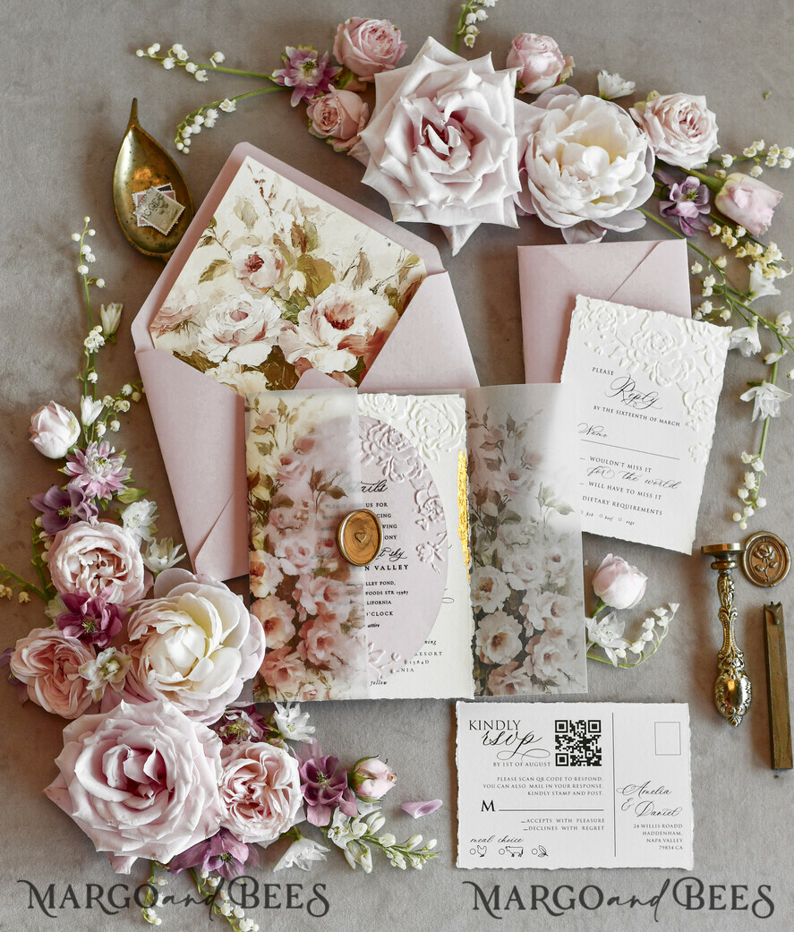 HOCHZEITS EINLADUNGEN geprägte Einladungen Rosafarbene Blumeneinladungen zur Hochzeit – Feine Kunsteinladungen mit Präge-Details, Blumeneinlagen für Umschläge