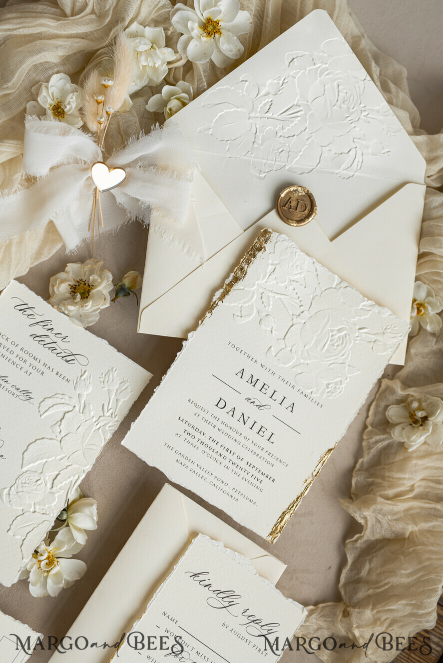 HOCHZEITS EINLADUNGEN geprägte Einladungen Feine Kunst geprägte Elfenbein-Gold-Hochzeitseinladung mit zerrissenem Chiffonband, goldgeprägte Rosenblüten-Hochzeitseinladung.